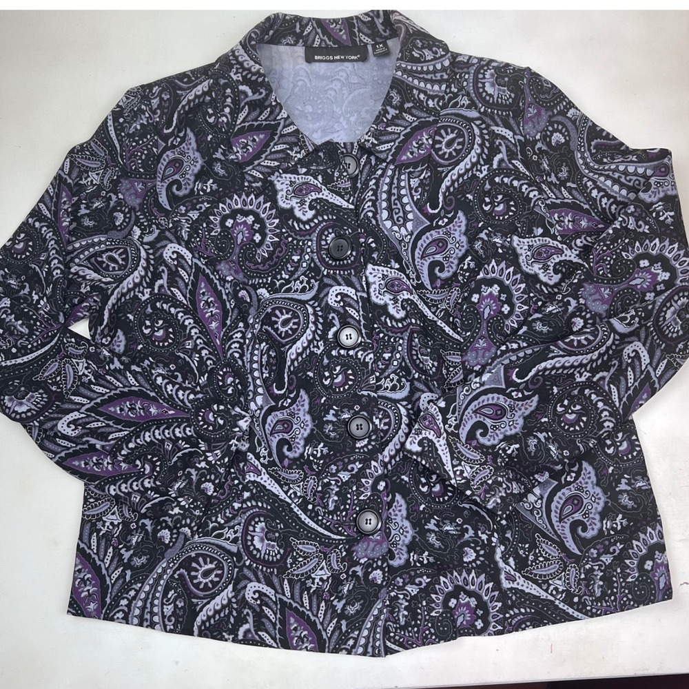 Briggs New York Womens Plus 1X Purple Paisley Button Front Blazer Jacket Black